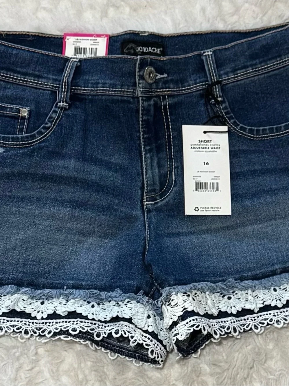 Jordache Dark Blue Denim Shorts adjustable size 16 Waist with White Lace Hem